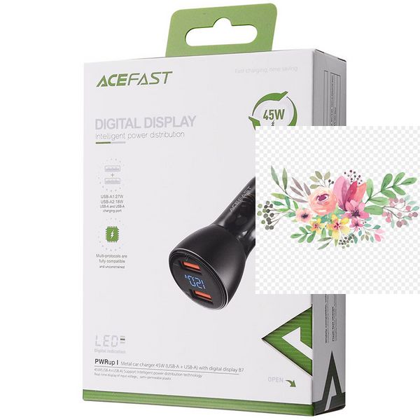 АЗП Acefast B7 metal car charger 45W (USB-A + USB-A) with digital display 65903 фото