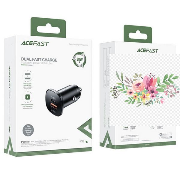 АЗП Acefast B1 mini 38W (USB-C+USB-A) dual-port metal car charger 65907 фото